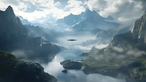 Futuristic dropship traverses misted alpine river valley
