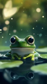 Emerald tree frog poised on lily pads in soft bokeh glow.