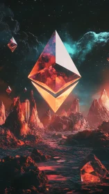 Ethereum crystal monolith over molten sci fi landscape.