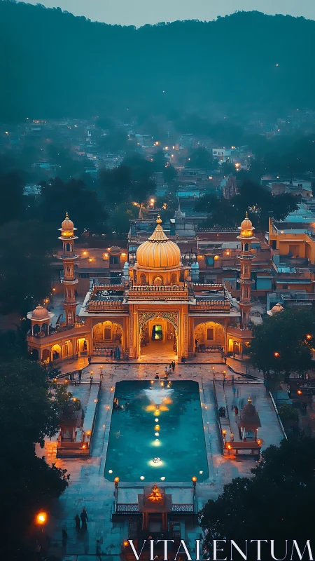 Illuminated temple complex glows against misty hillside town