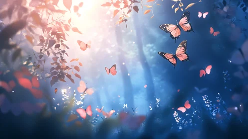 Pink butterflies in glowing blue forest light at sunrise.