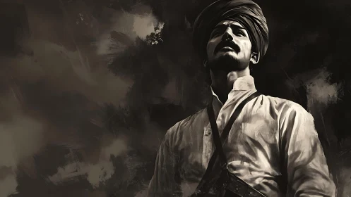 Monochrome digital portrait studies heroic low-angle turbaned figure