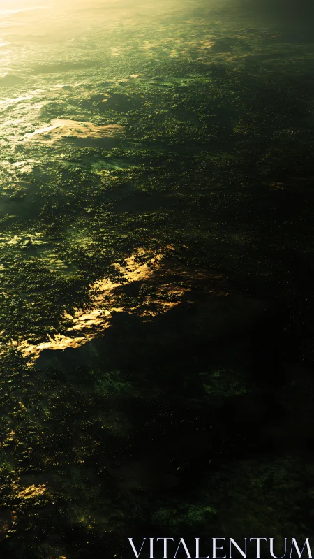 Sunlit alien ocean glows under hazy atmospheric light.