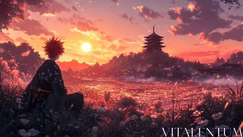 Samurai watcher beside river under blazing anime sunset.