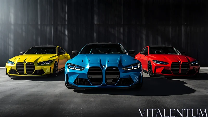 Photorealistic tri-color sports sedans in frontal studio alignment.