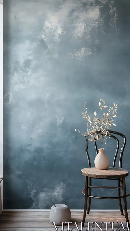 Wooden chair and vases against textured blue wall interior.