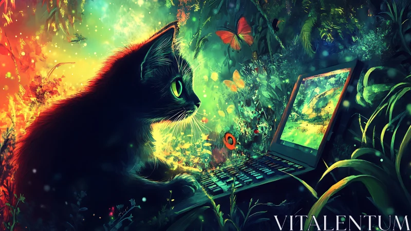Neon-eyed cat studies glowing laptop in enchanted jungle