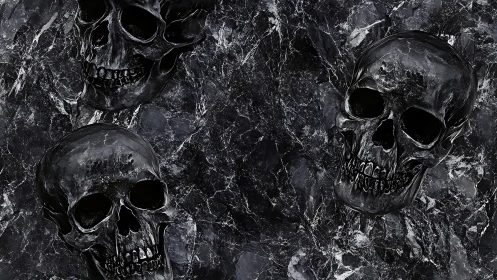 Gleaming black skulls drift across a storm-dark marble void