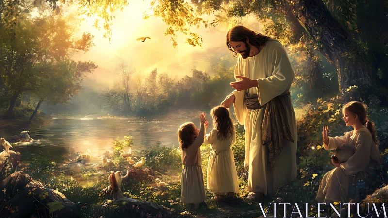 Gentle teacher blesses children in a sunlit riverside garden