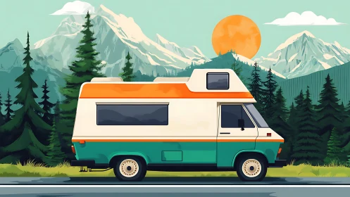 Retro campervan elevation amid vector-styled alpine range.