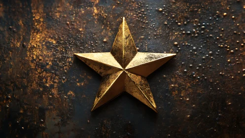 Golden five-point star on dark rusted textured metal wall.
