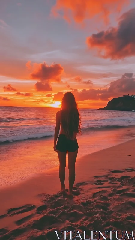 Silhouetted woman contemplates a vivid red and gold sunset