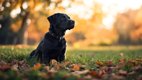 Black labrador rests in autumn park under golden light.