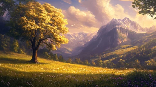 Golden meadow tree against atmospheric alpine mountain range