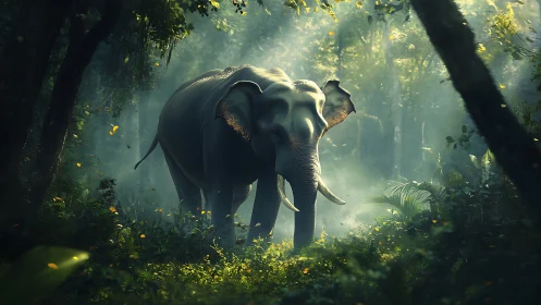 Solitary jungle elephant bathed in ethereal morning light.