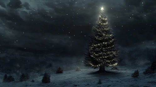 Photorealistic nocturnal Christmas tree under snowfall glow.