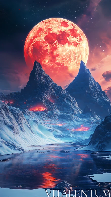 Crimson supermoon rises over icy volcanic mountain valley