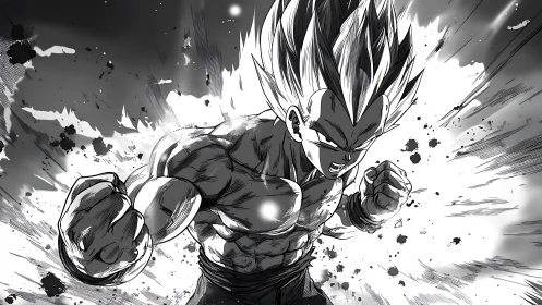 Volt-charged warrior erupts in monochrome battle roar.