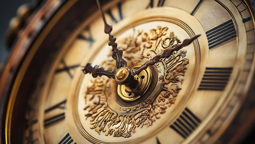 Close view shows ornate mechanical clock face in detail