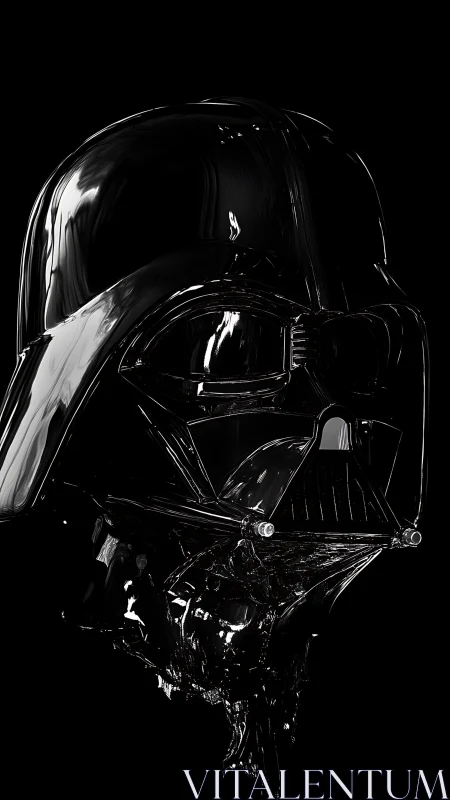 Specular black helmet rendered as fragmented reflective monolith.