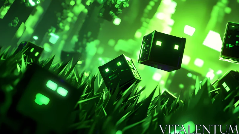 Futuristic Green Pixel Cubes in Digital Grassland, 3D Render Style.
