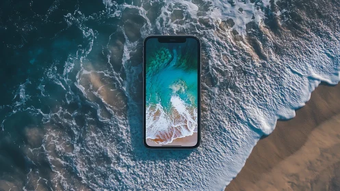 Ocean waves gently meet a smartphone in a dreamy shoreline scene