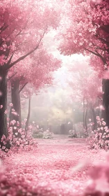 Dreamy cherry blossom path glows in soft spring light.