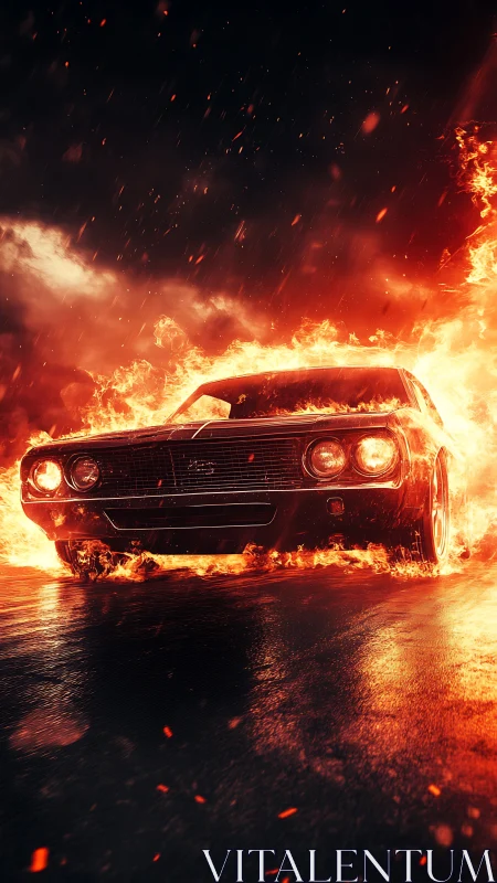 Vintage Muscle Car Engulfed in Flames and Sparks.