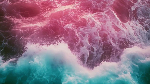 Color-shifted ocean surface with foamy breaking waves.