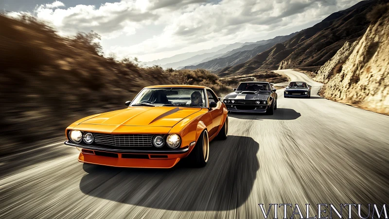 Retro muscle cars convoy on winding desert mountain highway