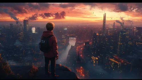 Solitary figure surveys neon-lit megacity at incendiary dusk