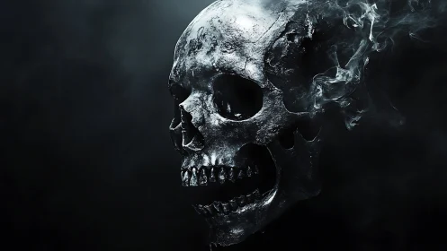 Dark metallic skull model with dissipating smoke effects