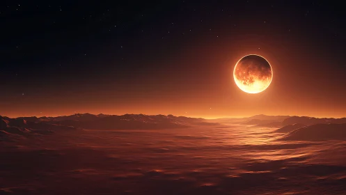 Lunar ember rising over tranquil alien desert horizon.