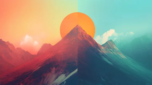 Bipolar mountain summit split by warm and cool chromatic fields.
