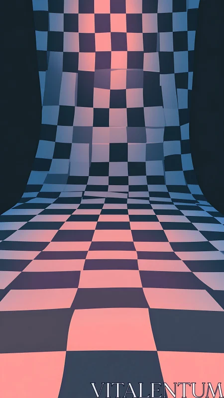 Curved checkerboard corridor rendered with neon gradient lighting