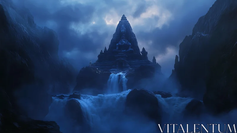 Midnight waterfalls crown a colossal mountain temple guardian