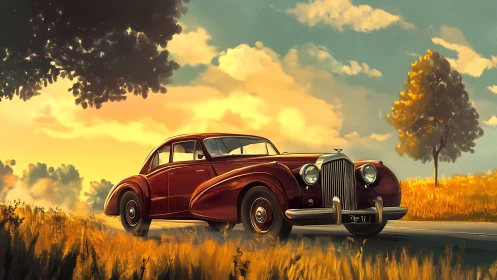 Crimson classic coupe glides through sunlit country road.