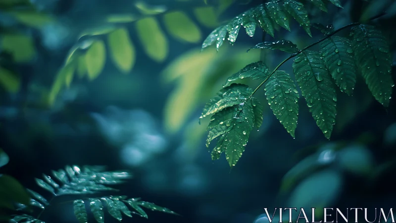 Midnight rain whispers on emerald jungle leaves.
