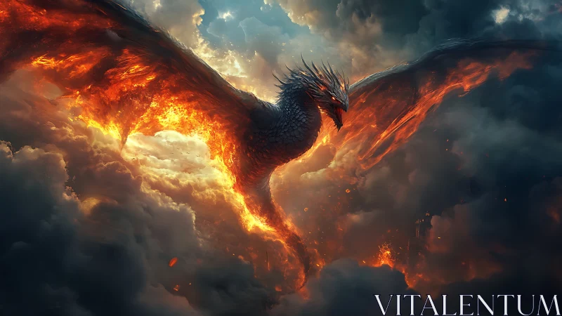 Volcanic phoenix dragon with molten wings in storm clouds