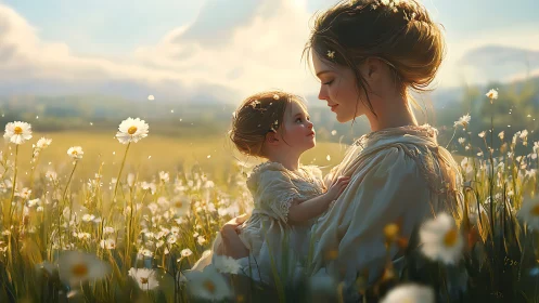 Mother and child in sunlit daisy meadow at golden hour.
