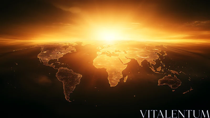 Sunrise pours molten gold across a glowing digital Earth