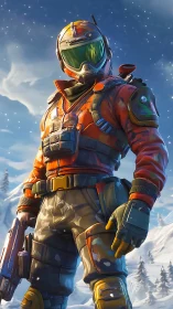 Armored sci fi soldier standing in snowy mountain battlefield.