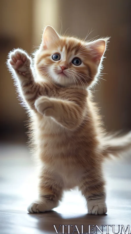 Backlit Ginger Tabby Kitten with Raised Paw. Studio Portrait.