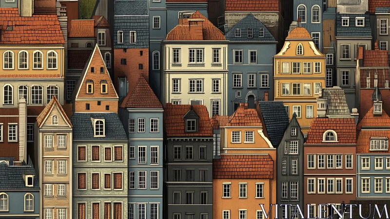 Historic townhouse façade grid with warm tiled roofs rendered.