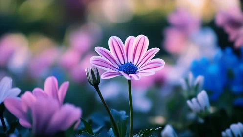 Pink Daisy with Blue Center in Botanical Setting