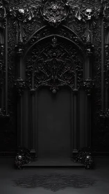 Gothic void doorway crowned with skulls and baroque shadows.