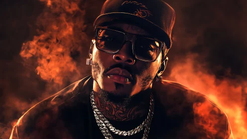 Cinematic hip hop portrait in dramatic ember backlight rendering.