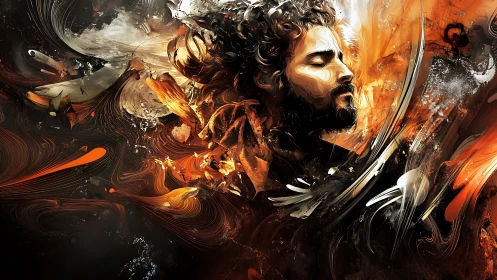 Abstract portrait merges flame, motion, contemplative serenity.