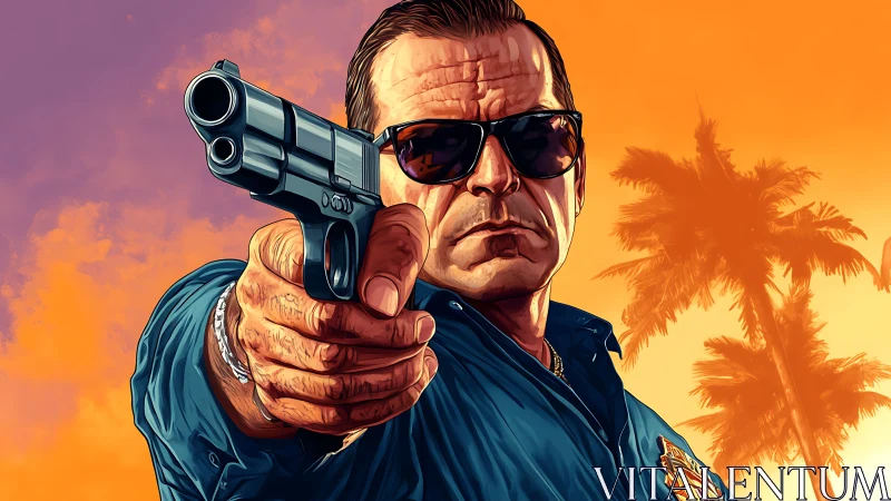 Armed tough guy dominates neon sunset with bold stance.