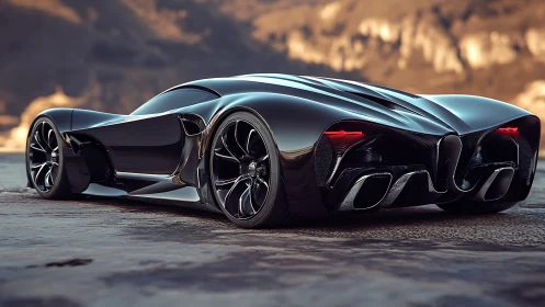 Midnight hypercar prowling sunlit cliffs in mirror black.